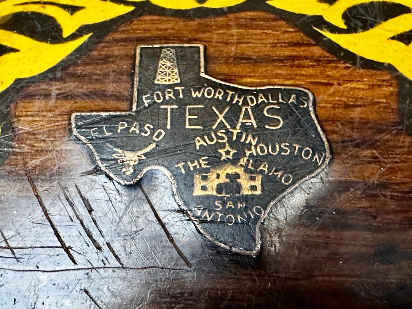 Texas Cutout State Shaped Center On Wooden Vintage Belt Buckle By Harmony Medals