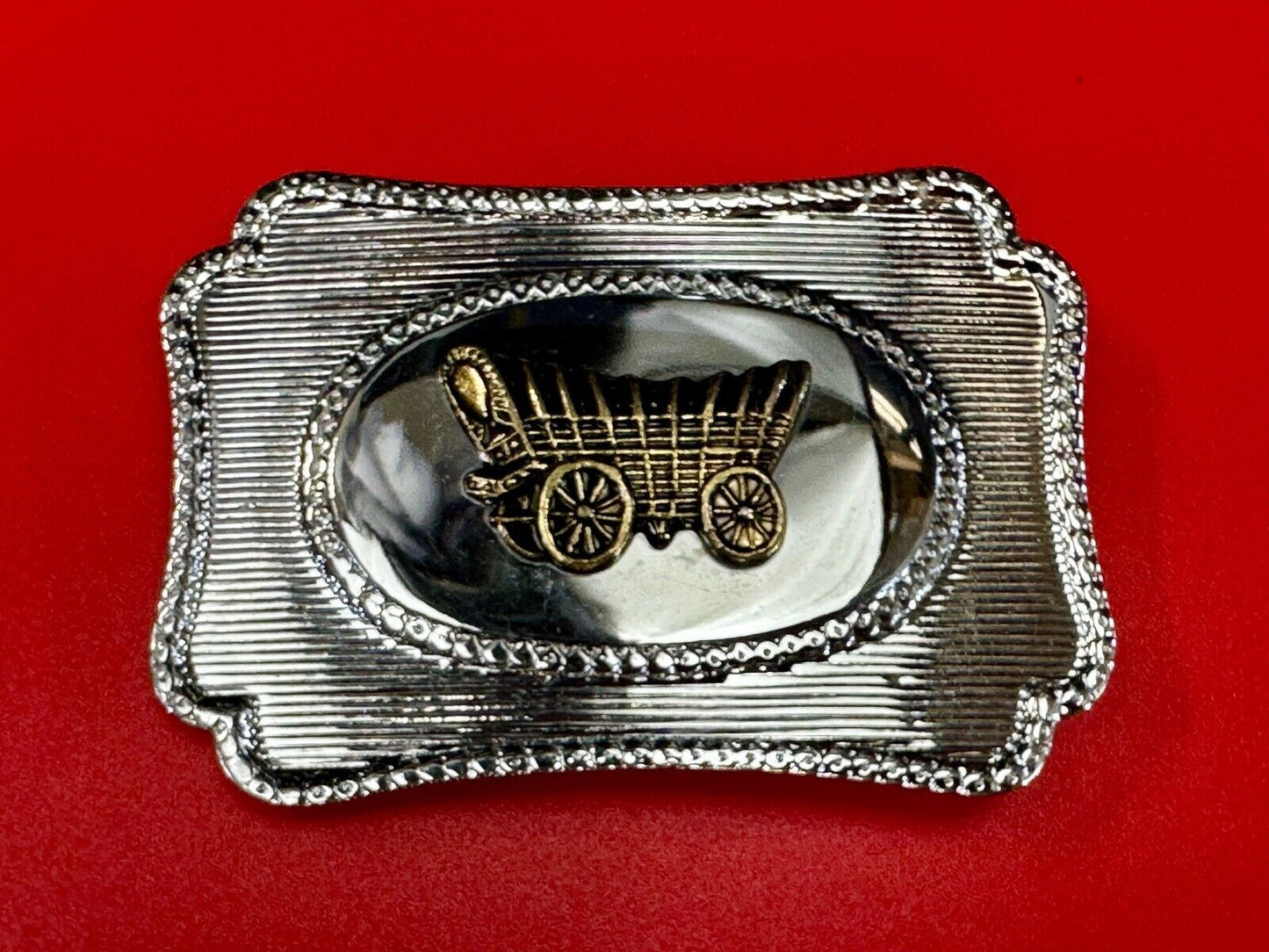 Vintage Covered Wagon - western two tone outlined belt buckle