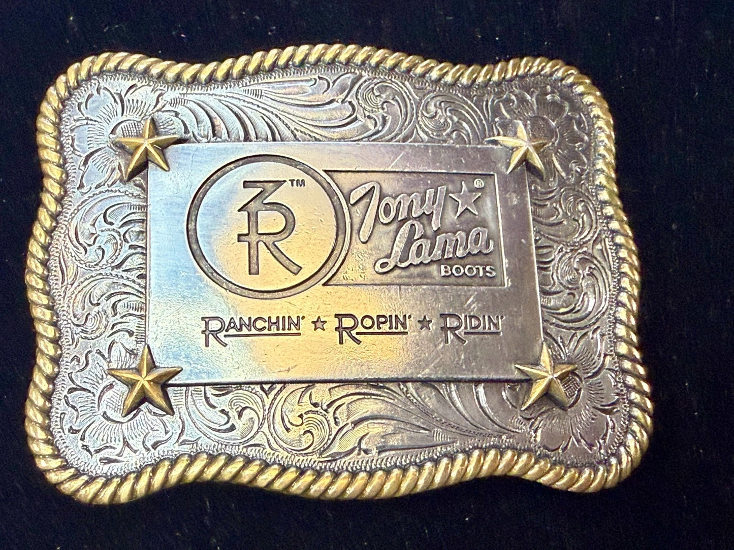 3R Ranch Ropin Ridin Gold Silver Tone Promotional Western Tony Lama Belt Buckle
