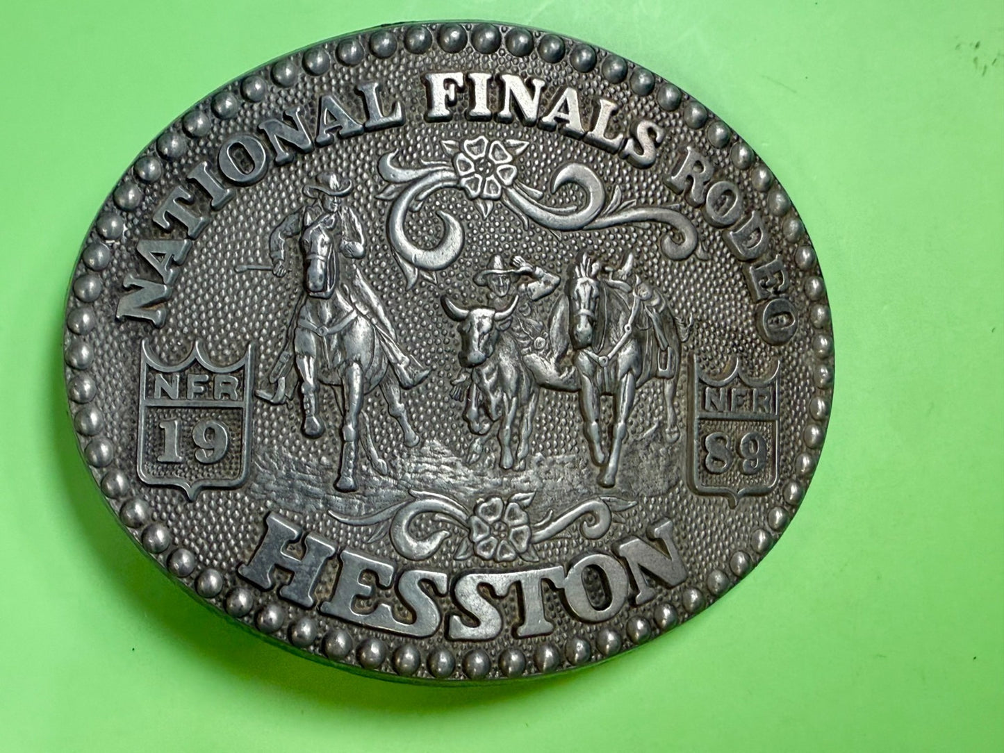 1989 Hesston NFR National Finals Rodeo Award Design Medals Vintage Belt Buckle