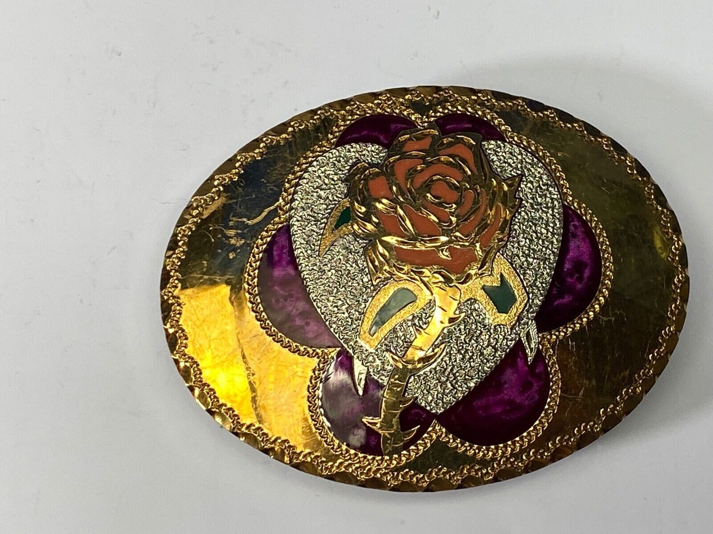 Beautiful Rose - S. O. Steele 1993 vintage inlaid artisan QUALITY belt buckle