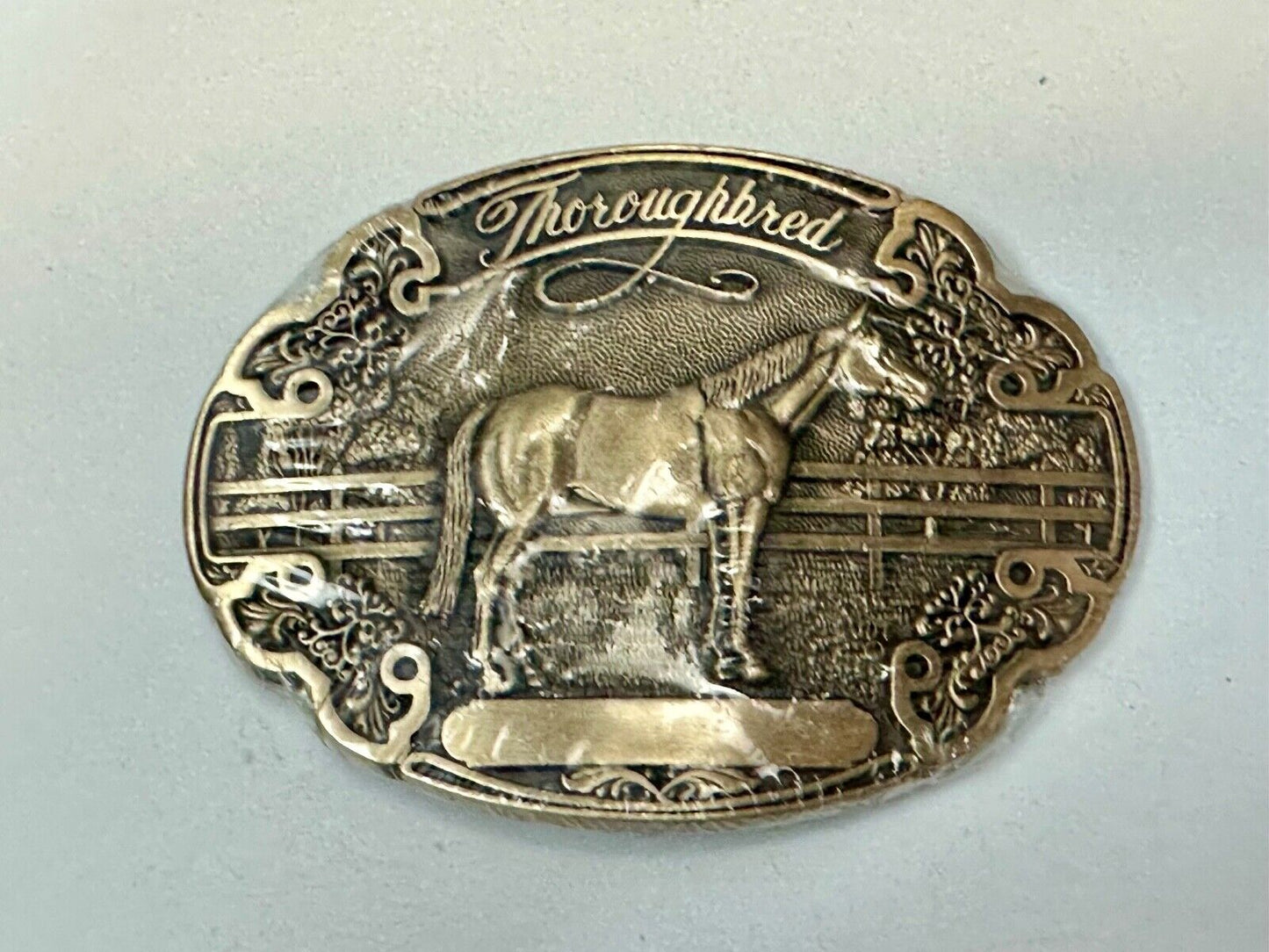 Thoroughbred Horse with Award Ribbon NOS Vintage ADM Solid Brass Belt Buckle