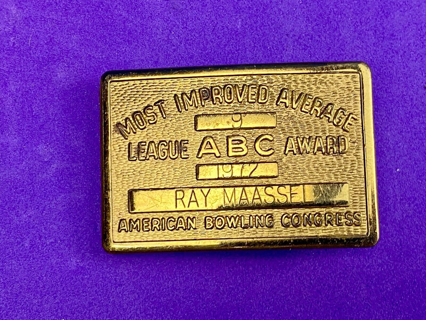 Vintage ABC American Bowling Congress League Award gold tone belt buckle