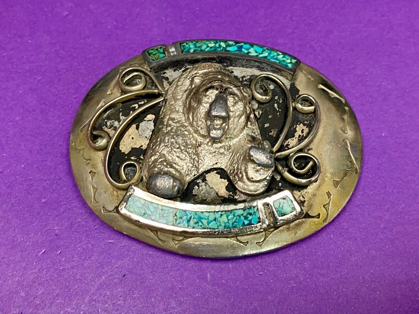 Bear Coming At You! Crushed Turquoise Belt Buckle - Hallmarked Nc? Navajo?