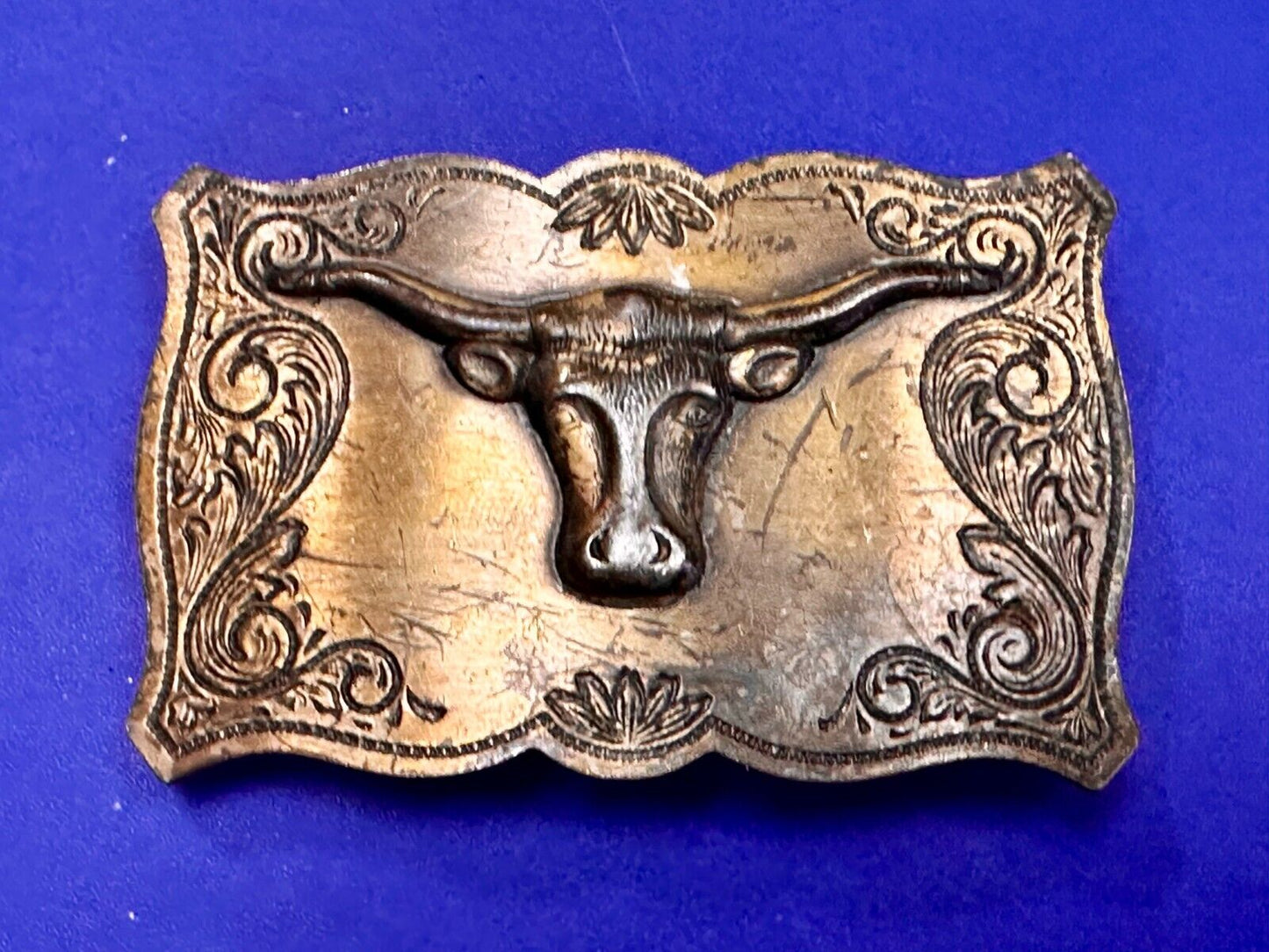 Texas Longhorn Steer Bull Cow Ornate Raised Dimensional Stamped Belt Buckle