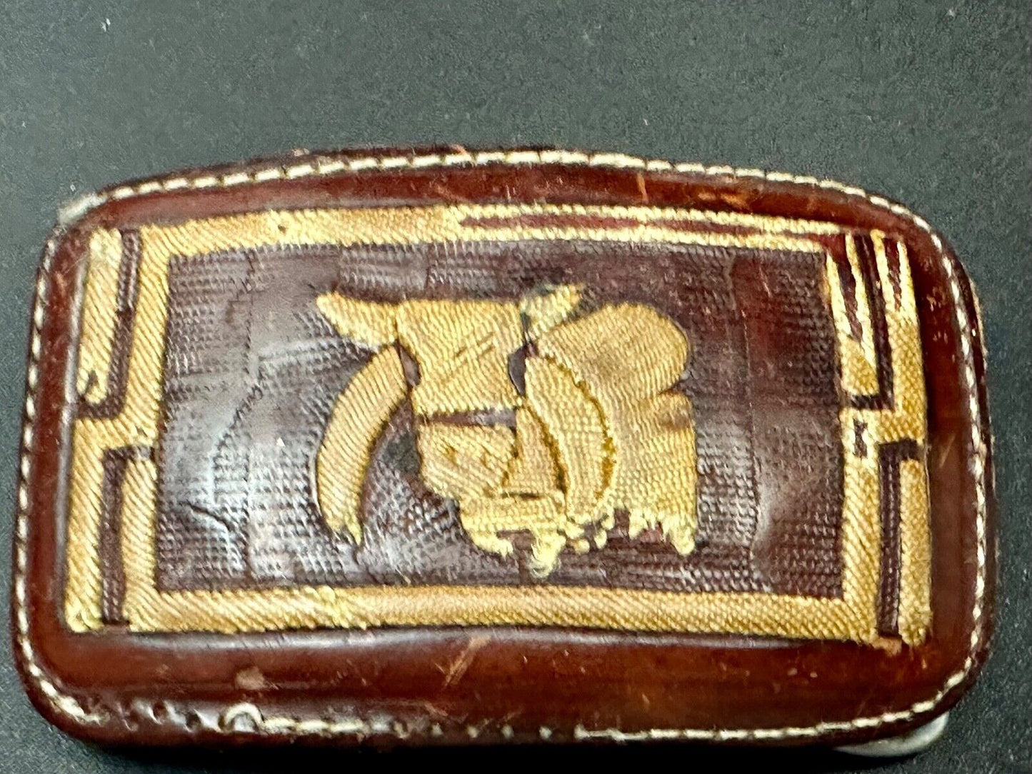 Unique Calf? Cow? Goat? Vintage brown leather stitched Belt Buckle