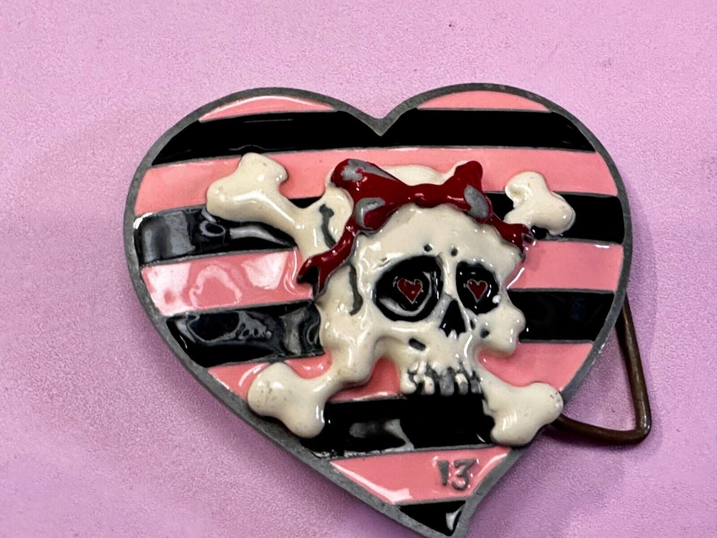 3D Heart Shaped Skull with Bow Cross Bone Ladies Belt Buckle Lucky 13 Apparel