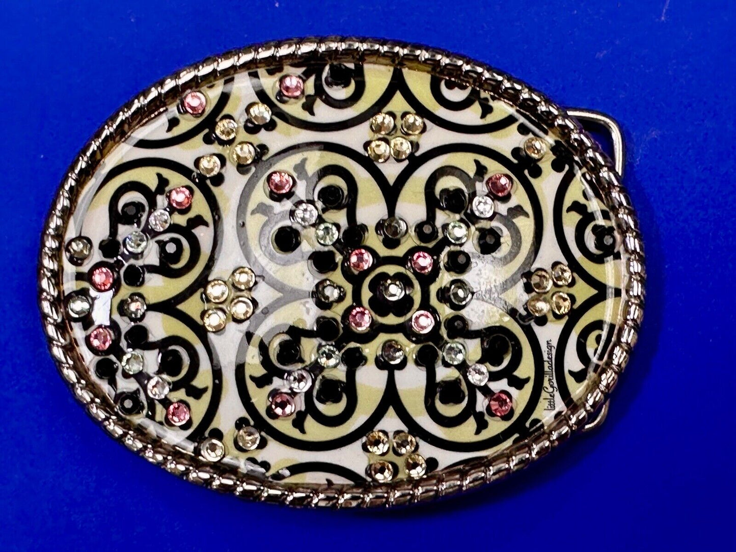Artisan western oval girlie pink & green rhinestone accented belt buckle