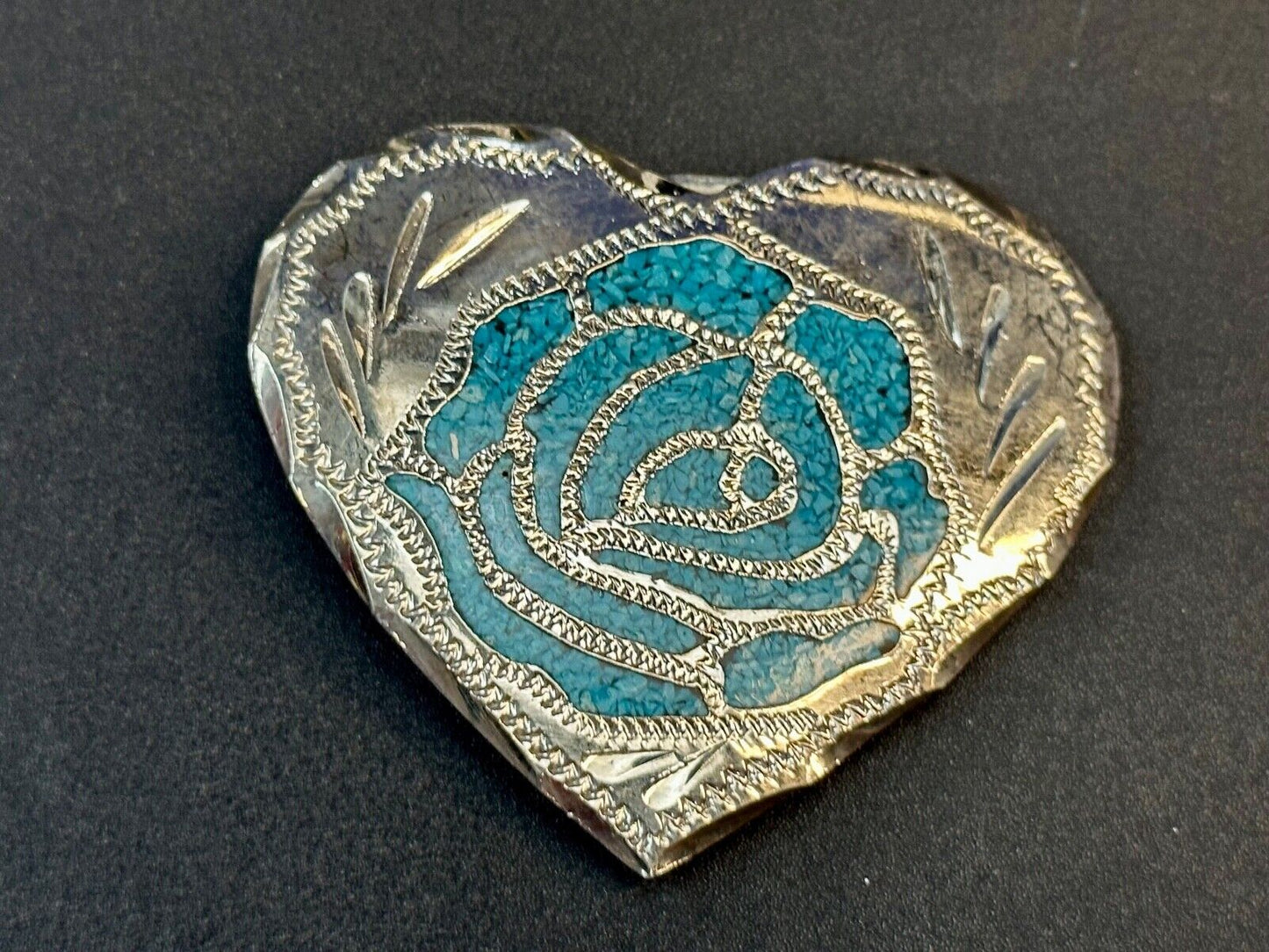 Turquoise inlaid rose flower to 3" wide heart shaped engraved swirl belt buckle