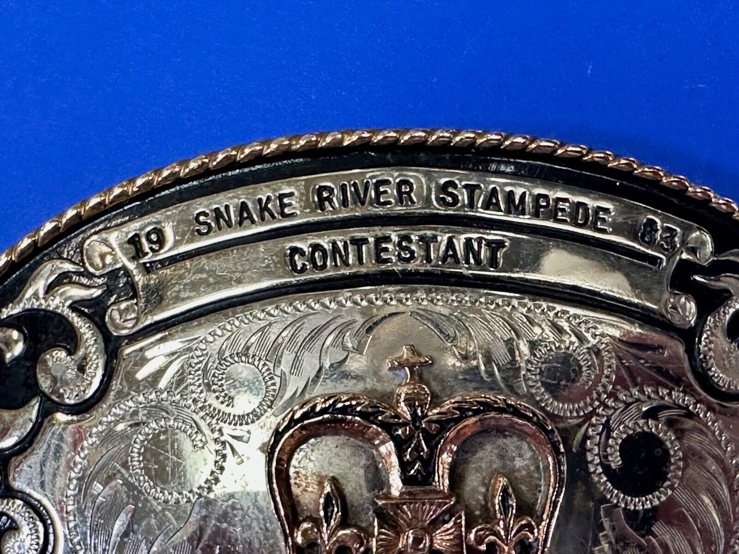 1983 Snake River Stampede Rodeo Idaho Trophy Comstock German Silver belt buckle