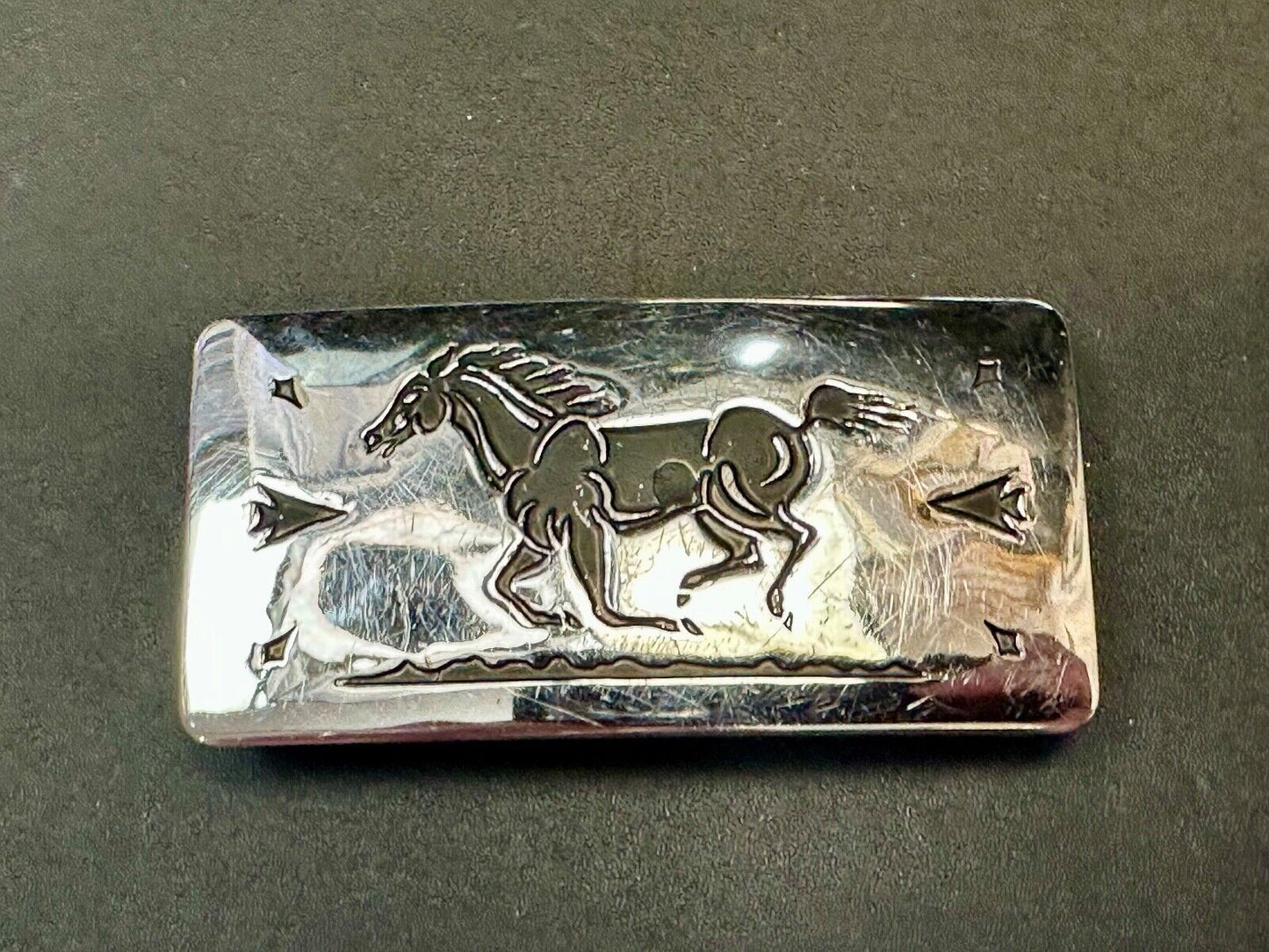 Vintage Chambers Horse Running Mustang W/ Arrows nickel silver Belt Buckle