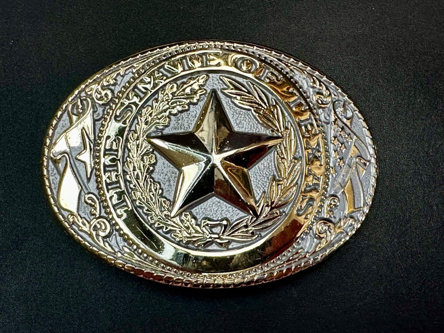 The Great State of Texas Star & Flag western Gold & White Color Belt Buckle