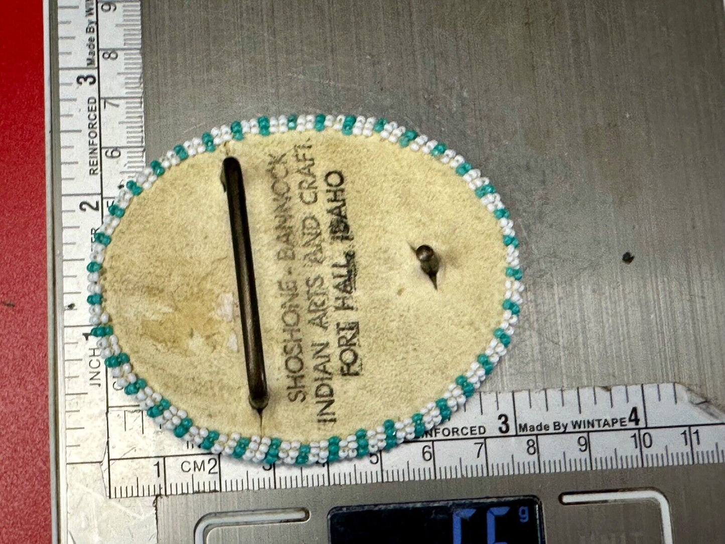 Beaded belt buckle, buckskin backing by Shoshone / Bannock Indian Arts - Idaho
