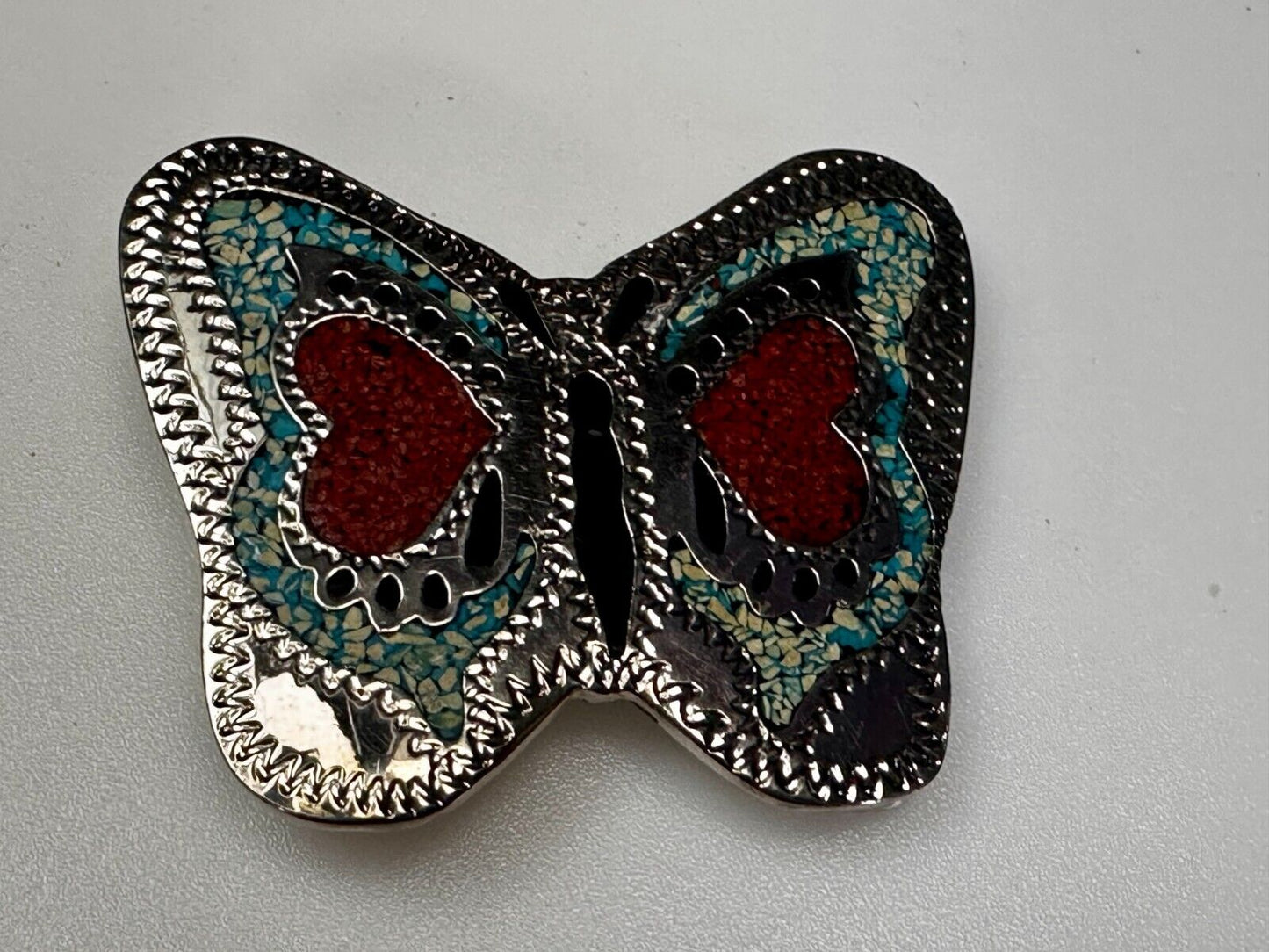 Beautiful Butterfly Figural Turquoise Coral Chips Inlay Cutout 3" Belt Buckle