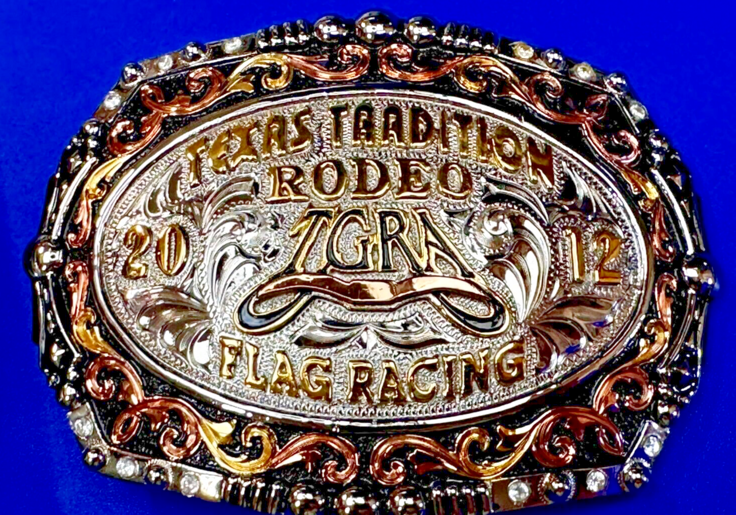 TGRA Texas Tradition Rodeo Flag Racing 2012 Trophy Award Belt Buckle Lone Star