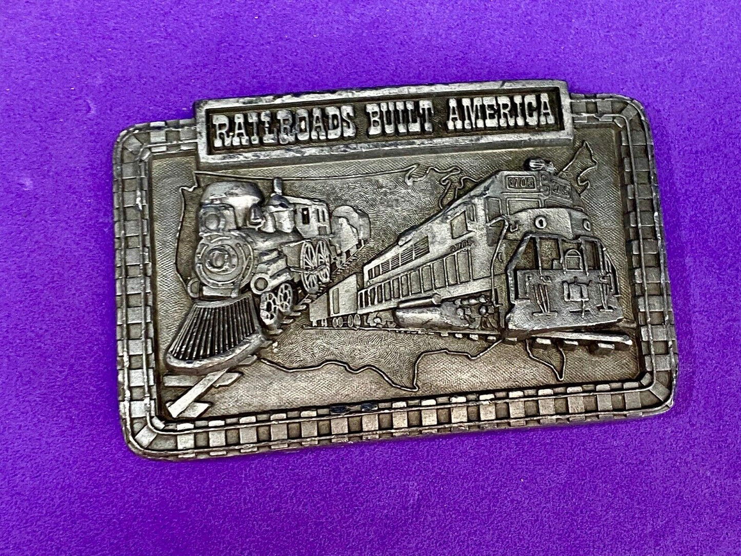 Vintage 1987 Railroads Built America Belt Buckle, RR Train Steam Engine