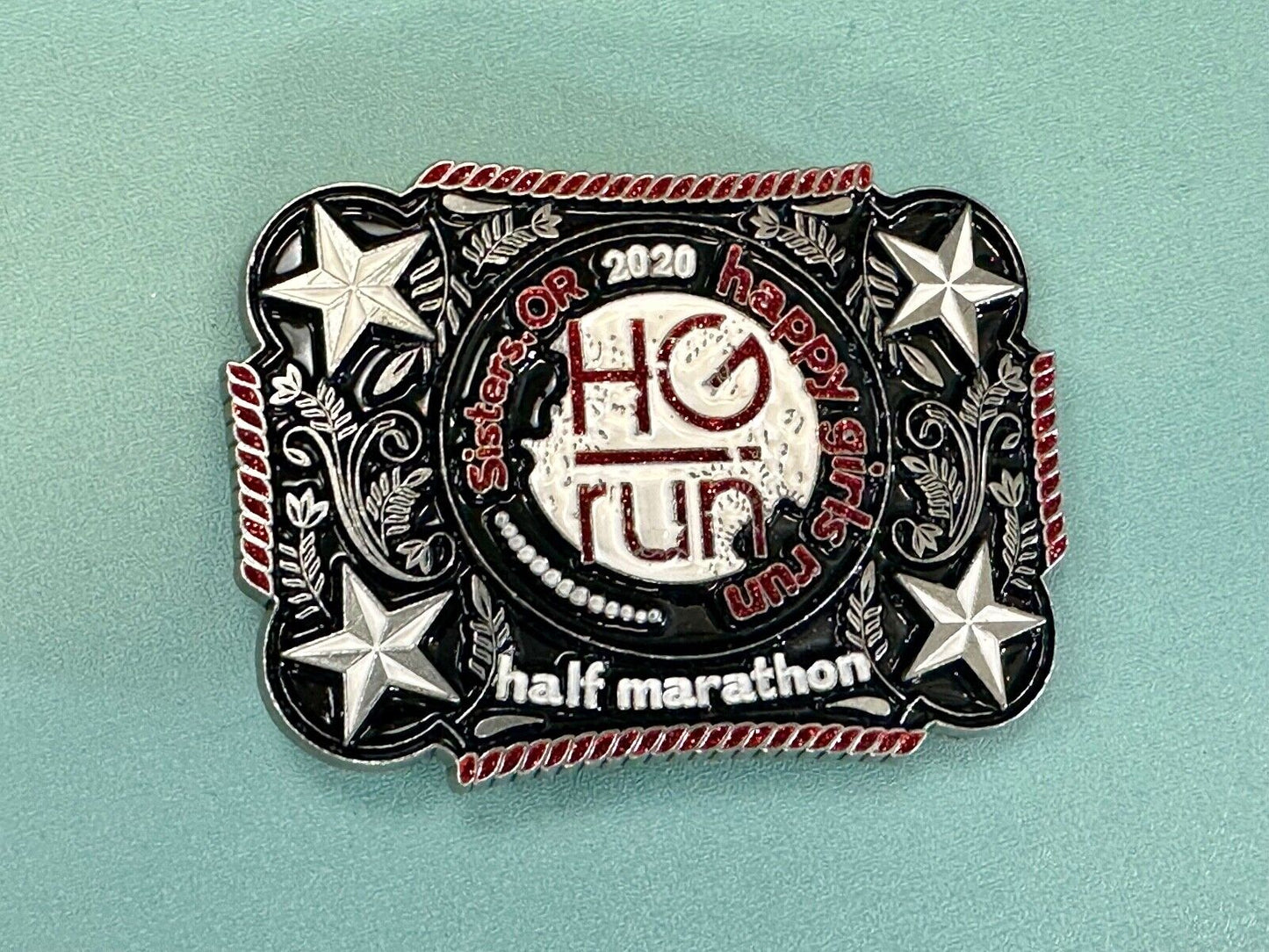 2020 Happy Girls Run HGR marathon silver tone stars in corner belt buckle