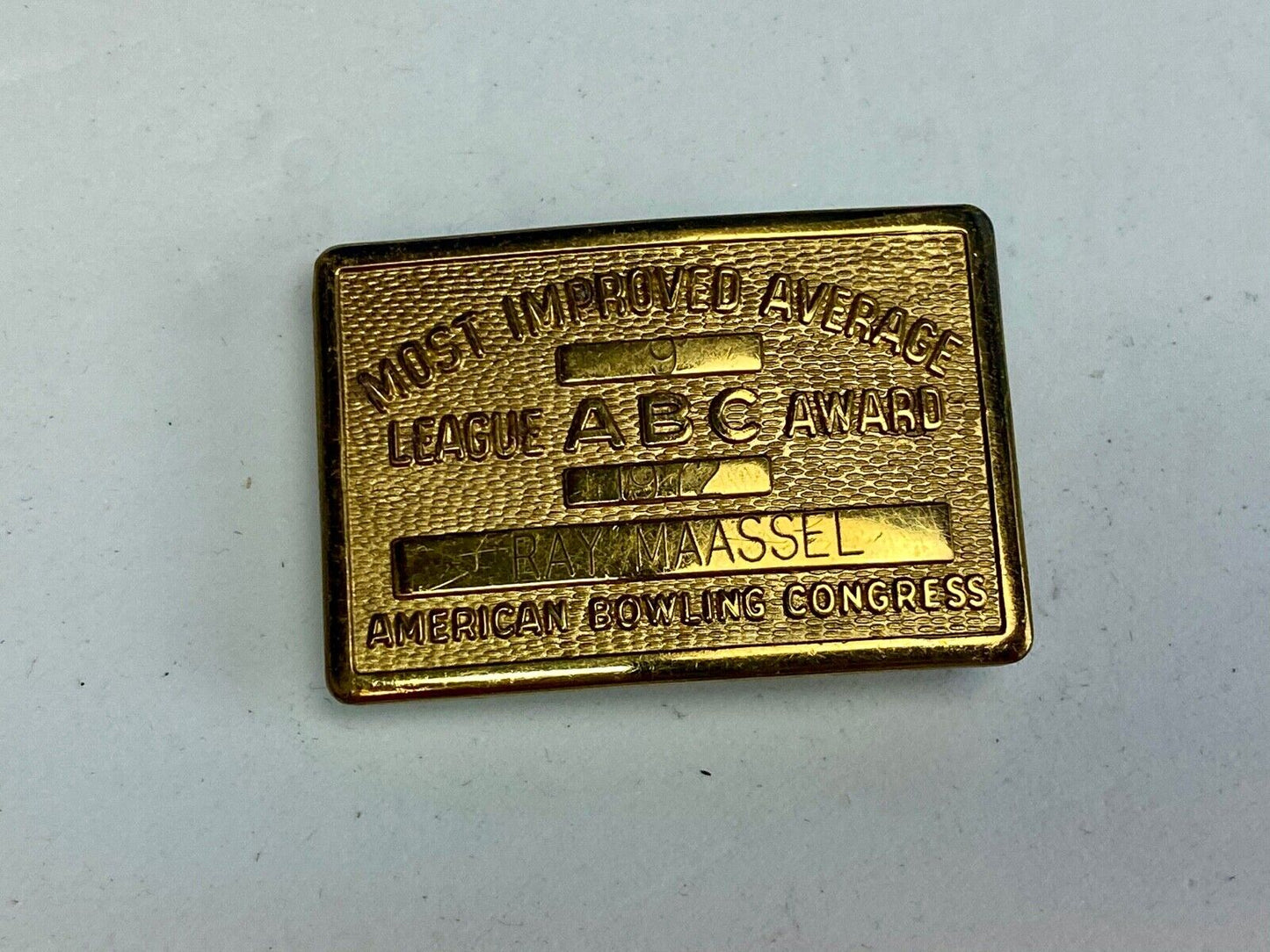 Vintage ABC American Bowling Congress League Award gold tone belt buckle