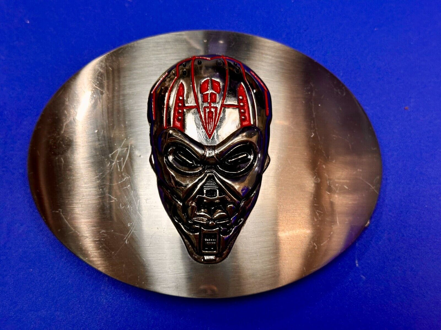 Terminator Skull Head Gothic Vibe Silver Tone Biker HUGE oval Belt Buckle