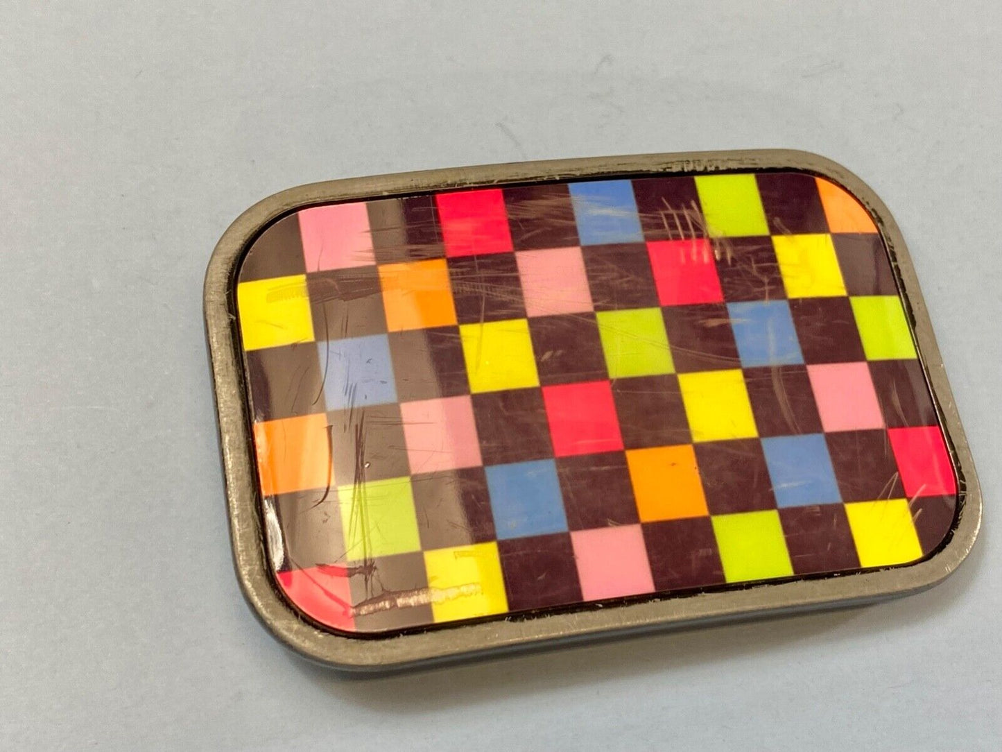 Vintage 80s Style Neon Checkerboard Pattern Black Yellow Pink Blue Belt Buckle