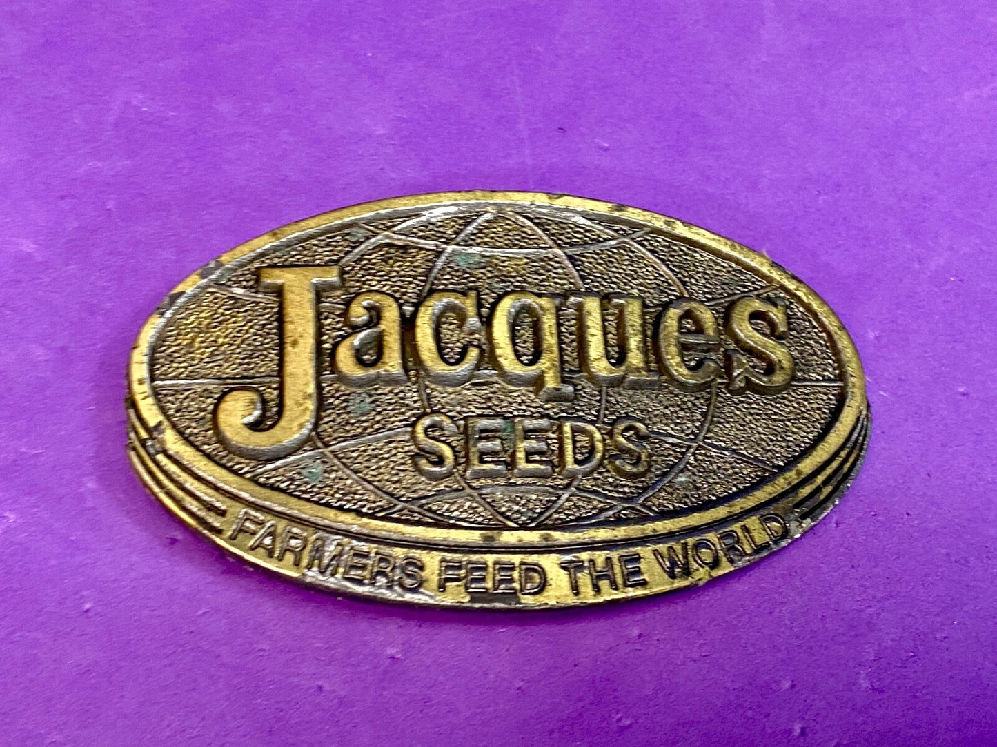 Vintage 1977 Jacques Seeds Farmers Feed The World Brass Tone Belt Buckle