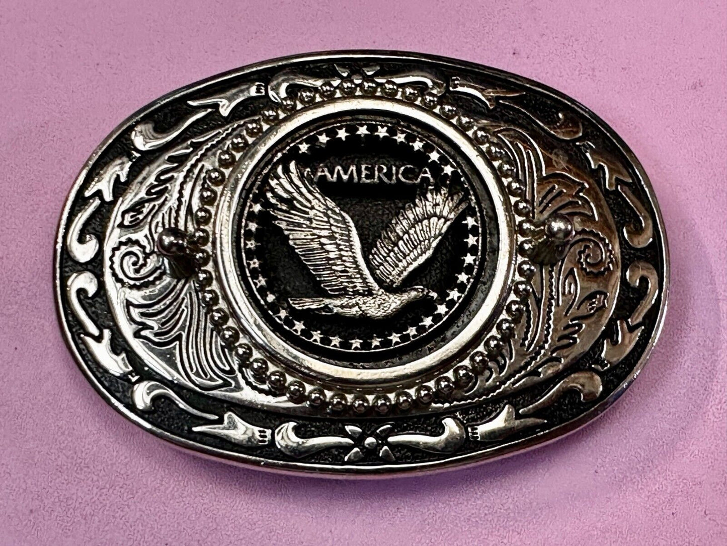 American Patriotic Bald Eagle Centered Flower Swirl Western Vintage Belt Buckle
