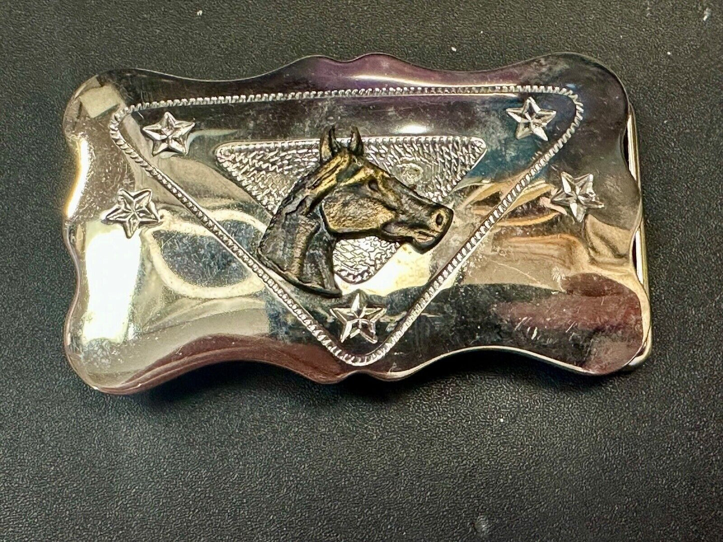 Vintage Chambers Horse head on reflective engraved USA made western Belt Buckle