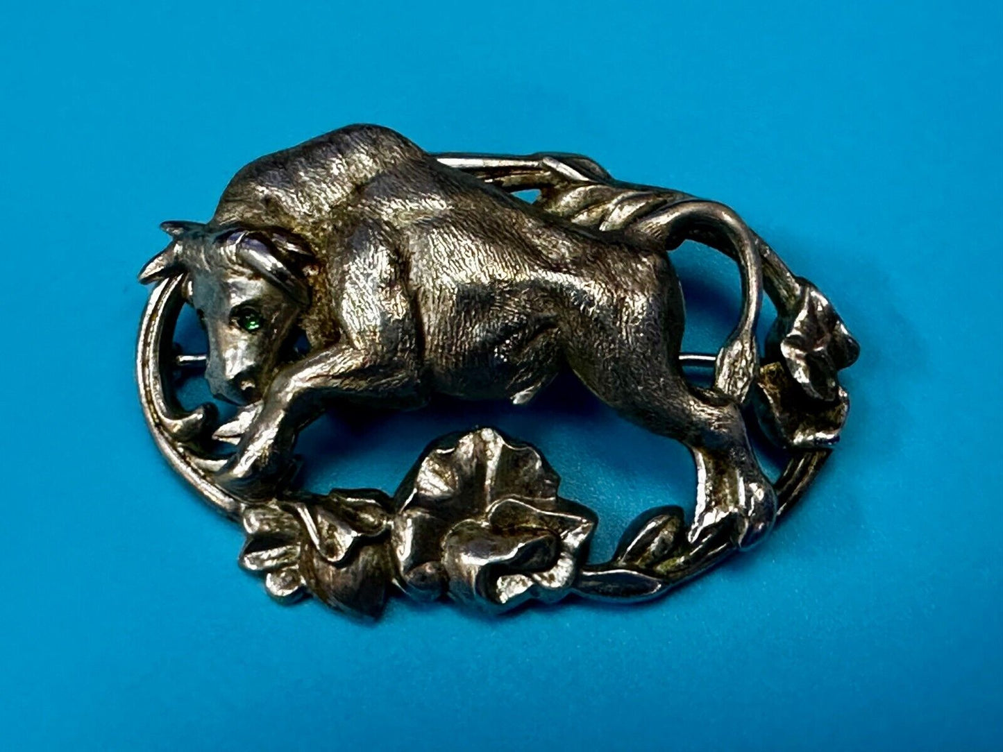 Taurus Bull 2" Wide Green Eyes -9 25 Sterling Silver Vintage Brooch by Otis