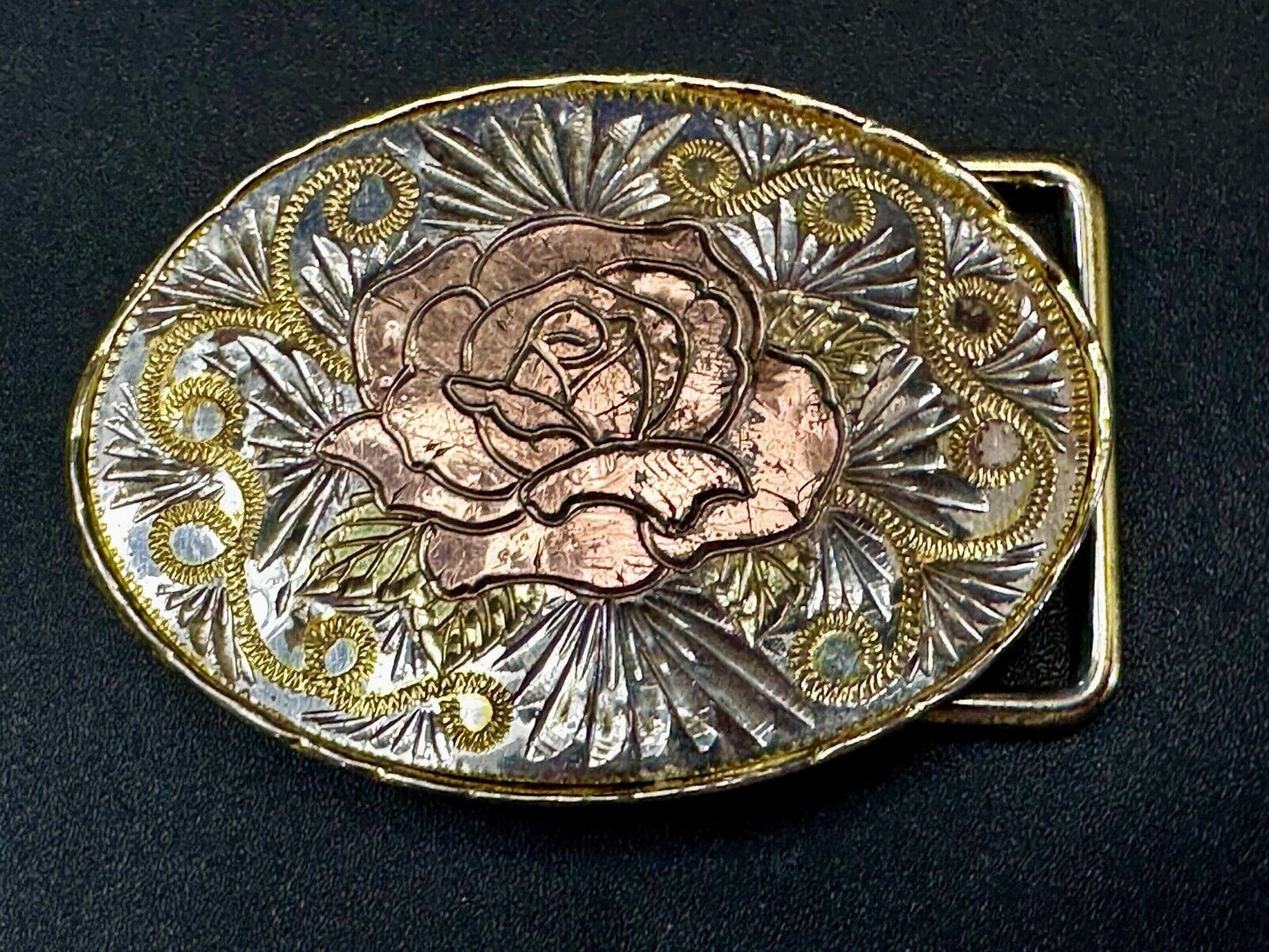 Beautiful Rose Small Etched Flower Swirl Design Vintage Belt Buckle