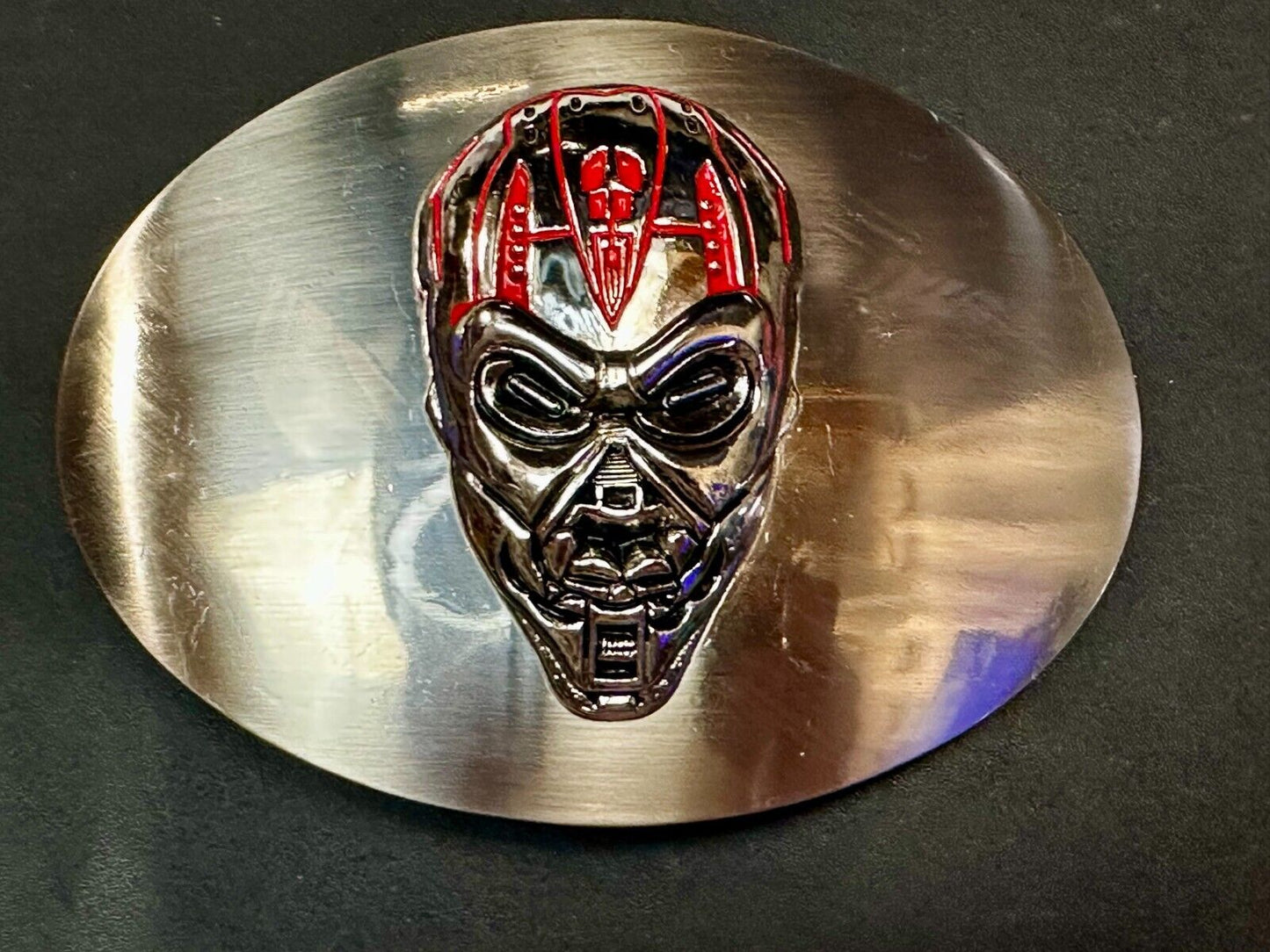 Terminator Skull Head Gothic Vibe Silver Tone Biker HUGE oval Belt Buckle