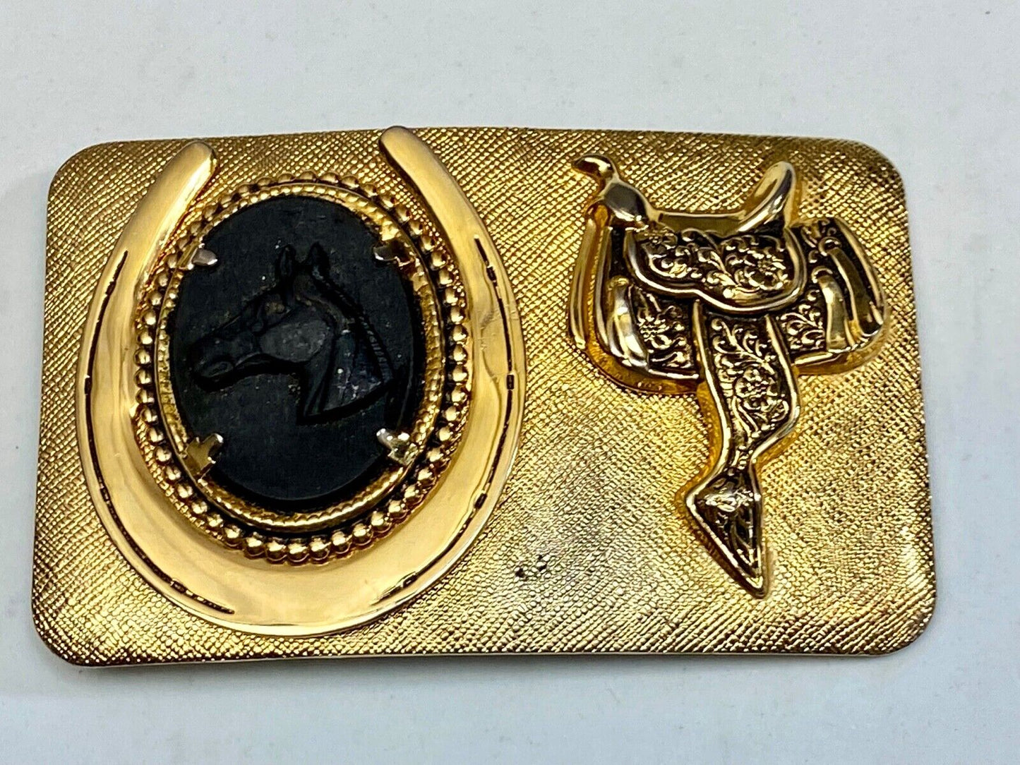 Black Horse Head And Saddle As Centerpiece In Western Gold Tone Belt Buckle