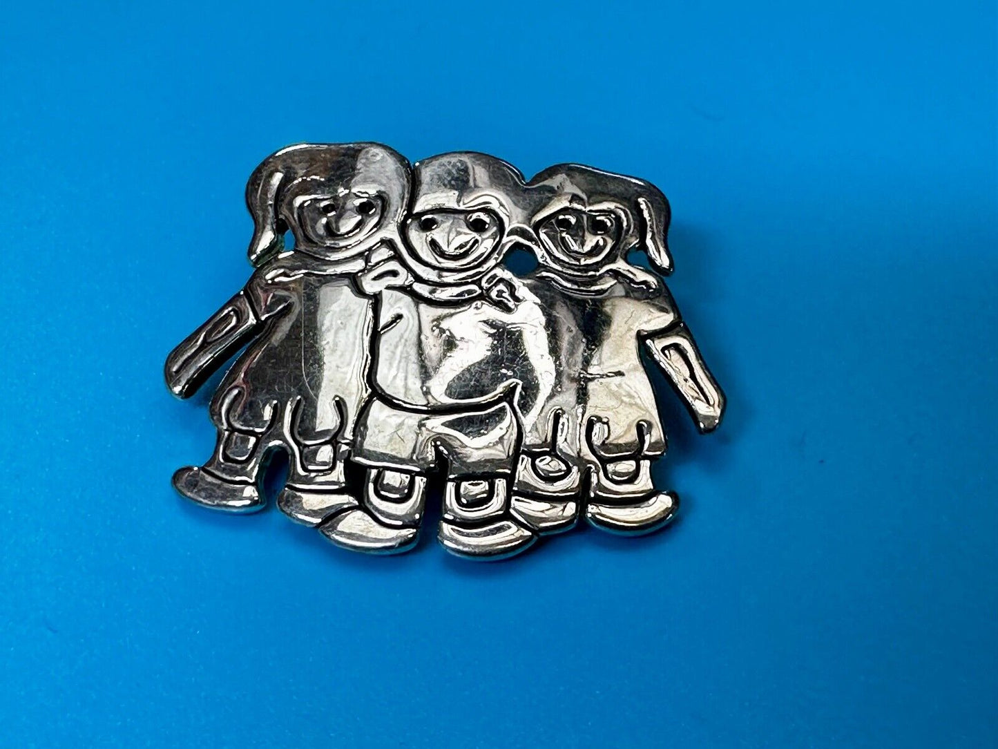 3 Children Kids Figure Cutout Silver Brooch Pin Signed by MJ