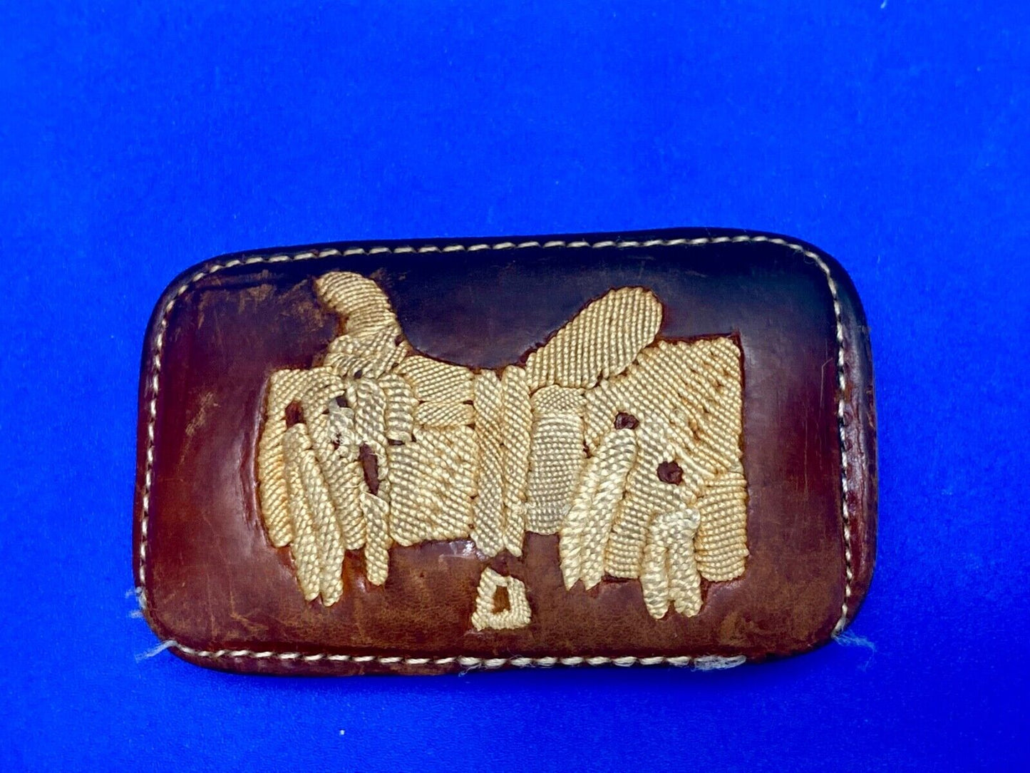 Vintage leather stitched horse saddler belt buckle signed Tres Ranchitas