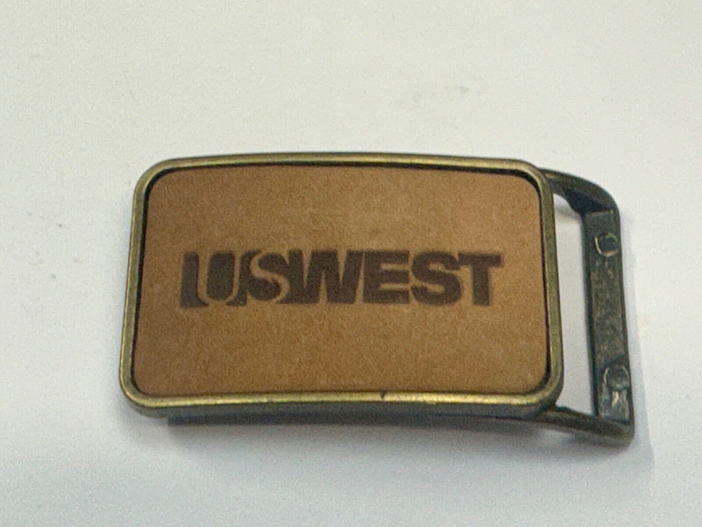 US WEST Telephone Service Company Promo Vintage Leather & Brass Tone Belt Buckle