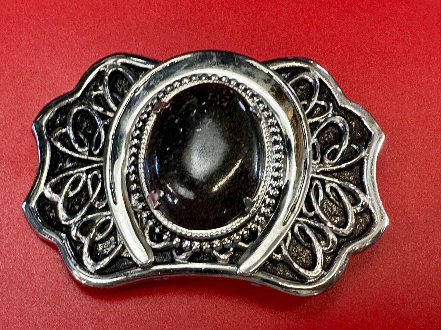 Beautiful Black Detailed cabochon cab stone centerpiece on horseshoe belt buckle