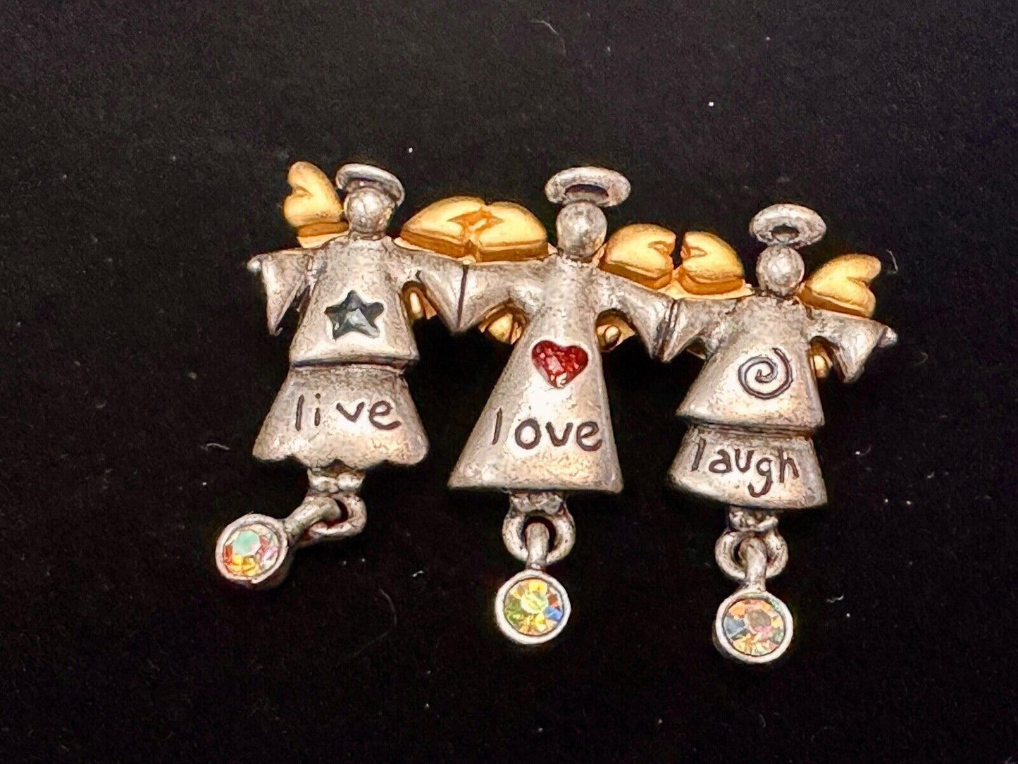 Three Angles - Live Love Laugh , Vintage Christmas Holliday Brooch by AJMC