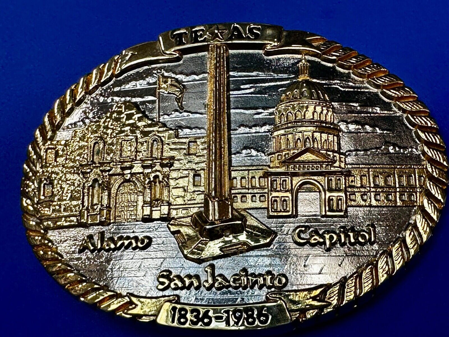 TEXAS SESQUICENTENNIAL ALAMO SAN JACINTO CAPITAL 1836-1986 TW Baker Belt Buckle