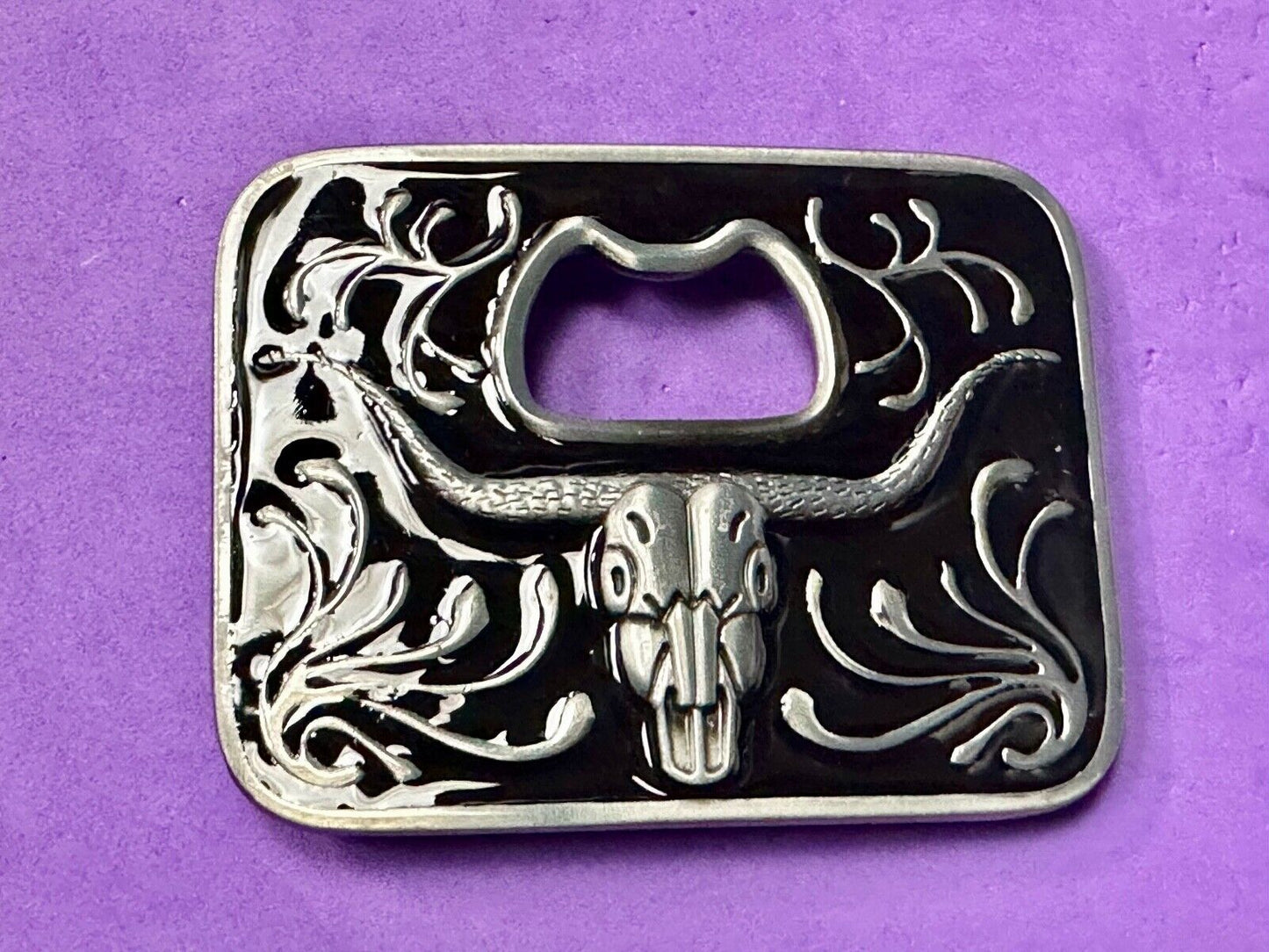 Texas longhorn - black and silver color belt buckle bottle opener