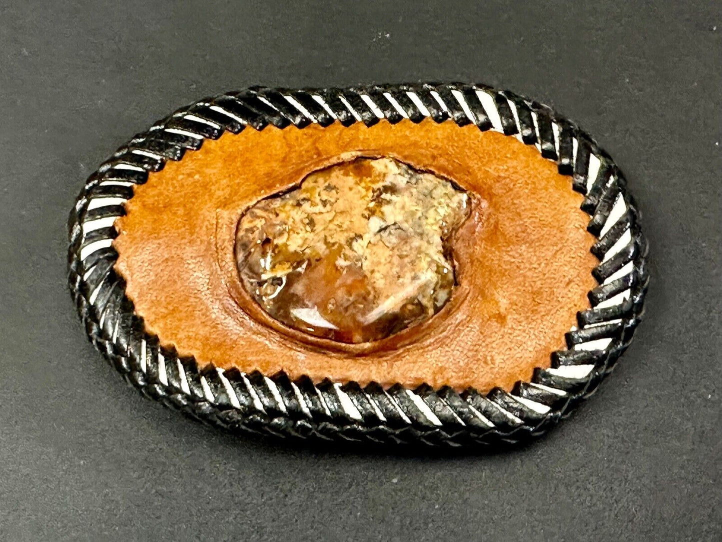 Vintage leather & stone? hand stitched belt buckle
