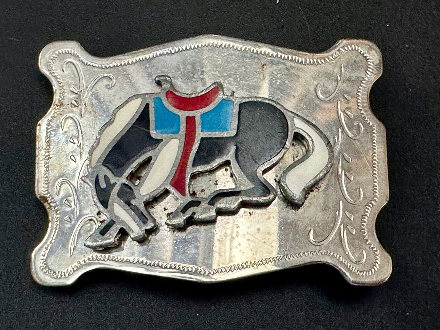Vintage Cowboy's Horse Saddle Bronc western Inlaid enamel belt buckle