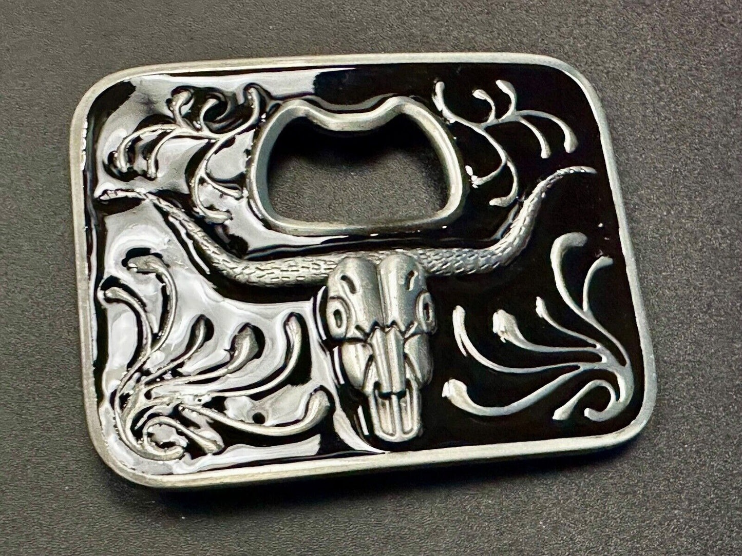 Texas longhorn - black and silver color belt buckle bottle opener