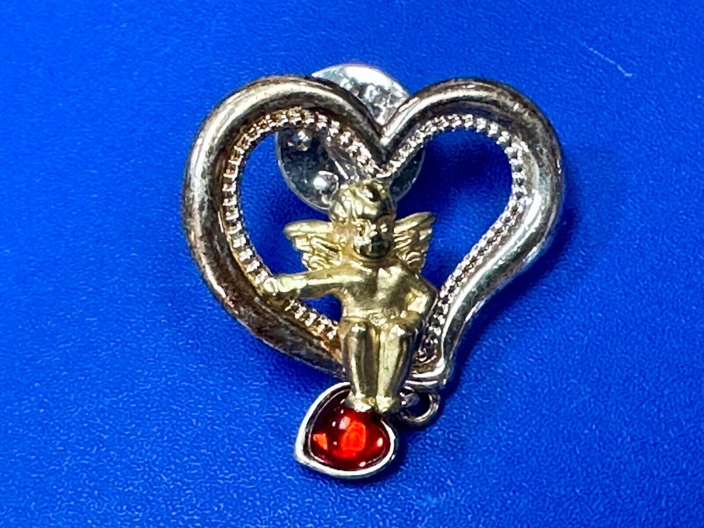 Angle Sitting in Heart Shaped Brooch pin with red heart dangle charm