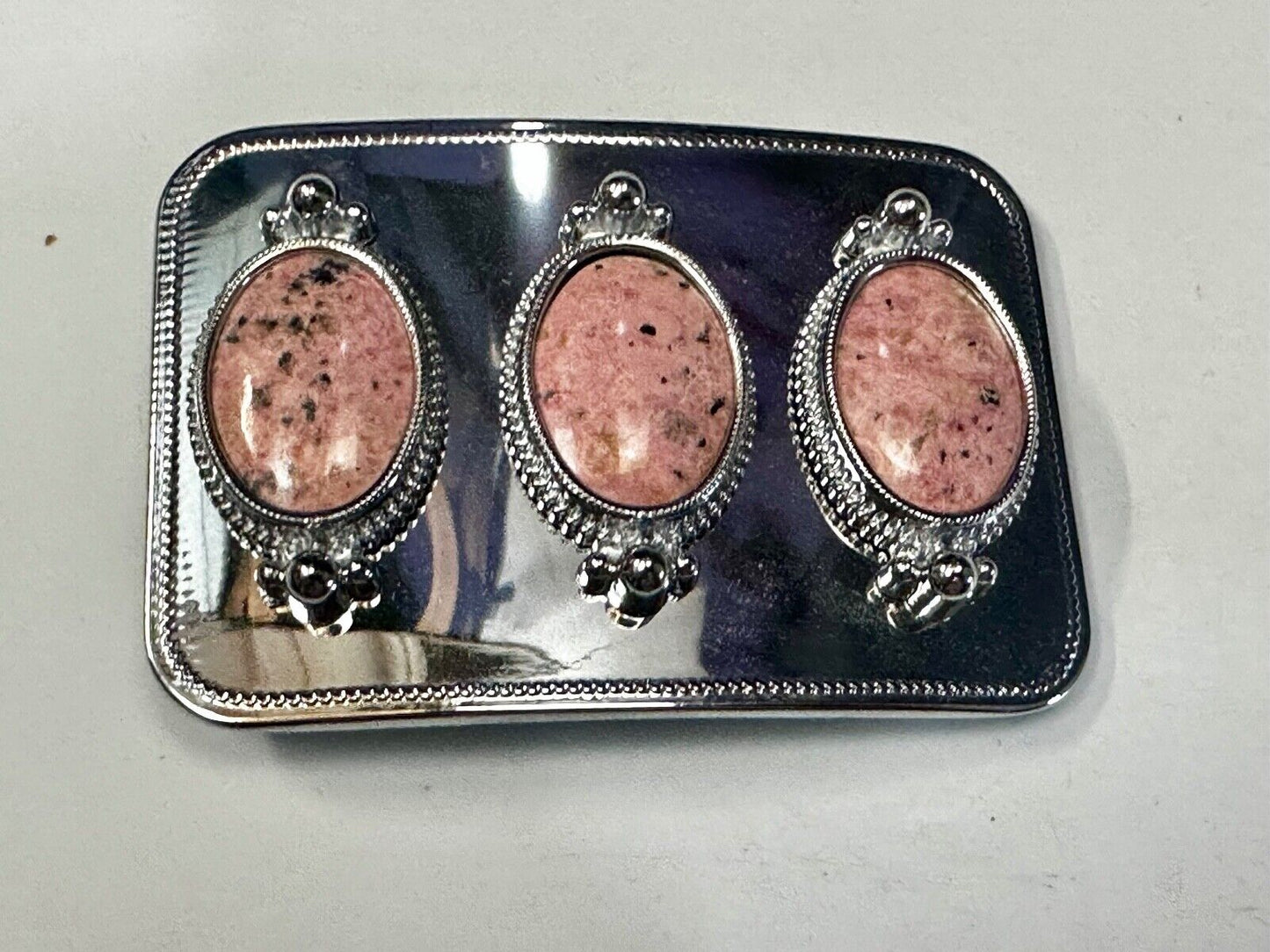Three Piece Pink Cabochon Cab Stones on reflective silver color Belt Buckle