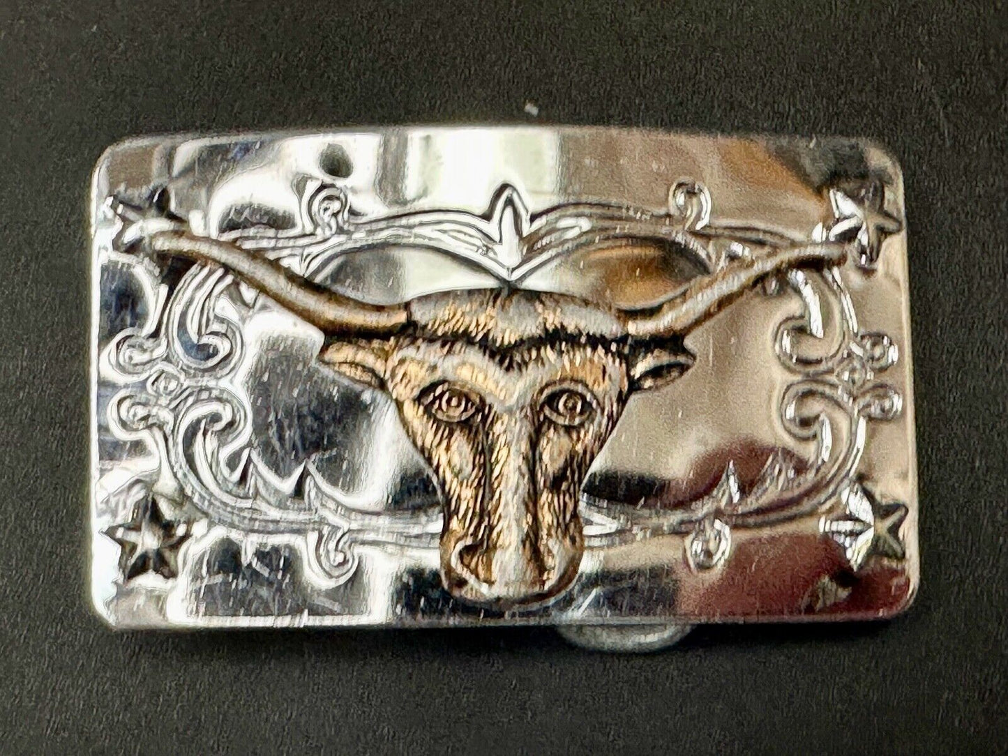 Texas Longhorn Cow Steer on Vintage two tone reflective western Belt Buckle