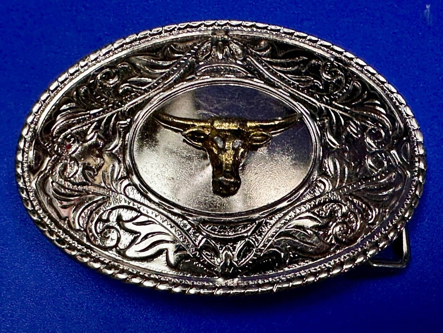 Texas Longhorn Vintage Ornate Cowboys Cowgirls Western Two Tone Belt Buckle