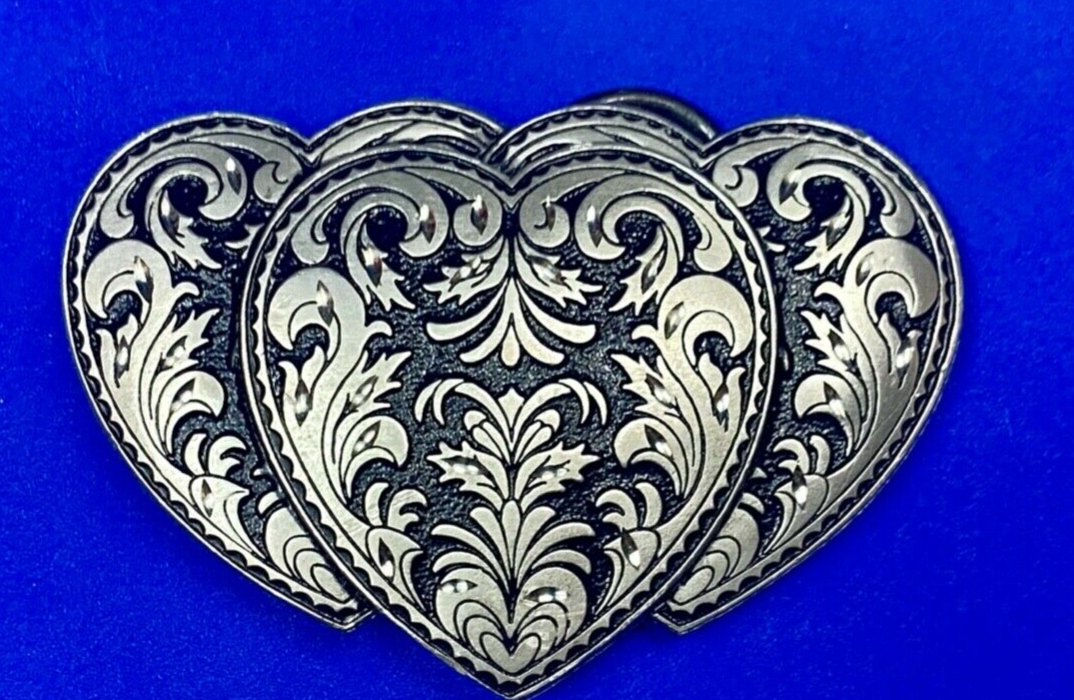 Three Hearts Ornate Flower Swirl / Cut Out Belt Buckle - Vintage 1995 C+J