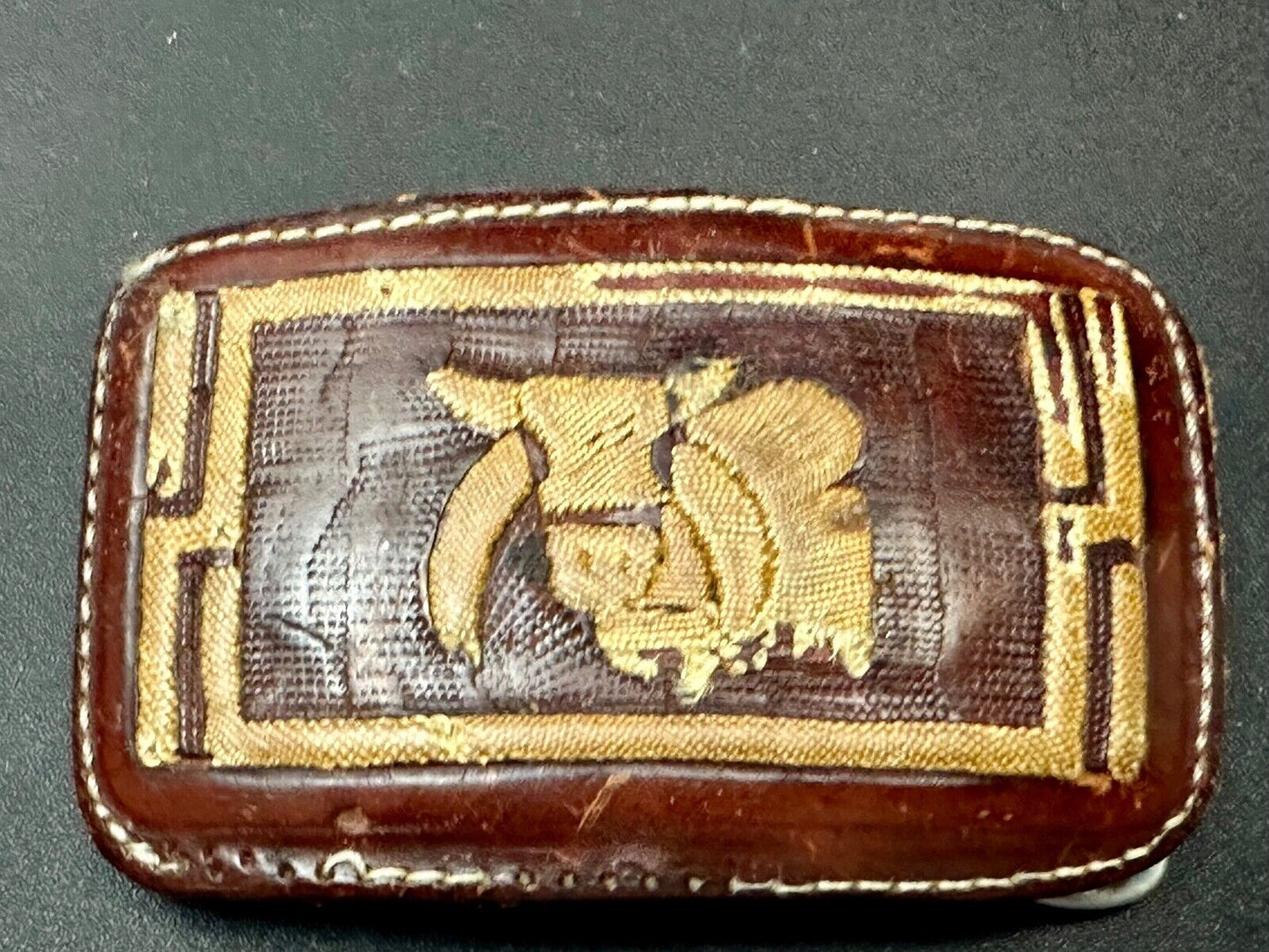 Unique Calf? Cow? Goat? Vintage brown leather stitched Belt Buckle