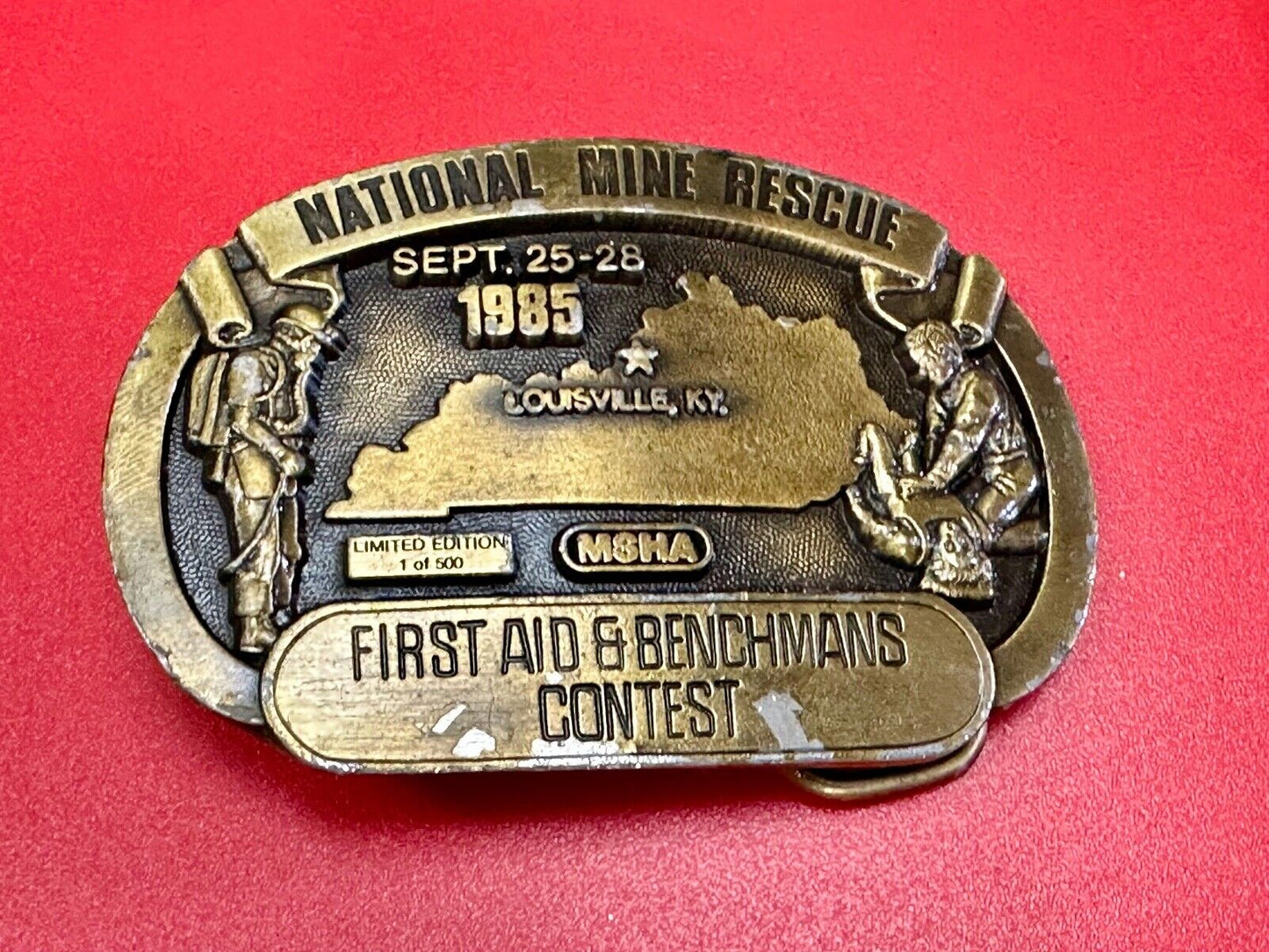 1985 National Mine Rescue Louisville KY MSHA First Aid contest belt buckle