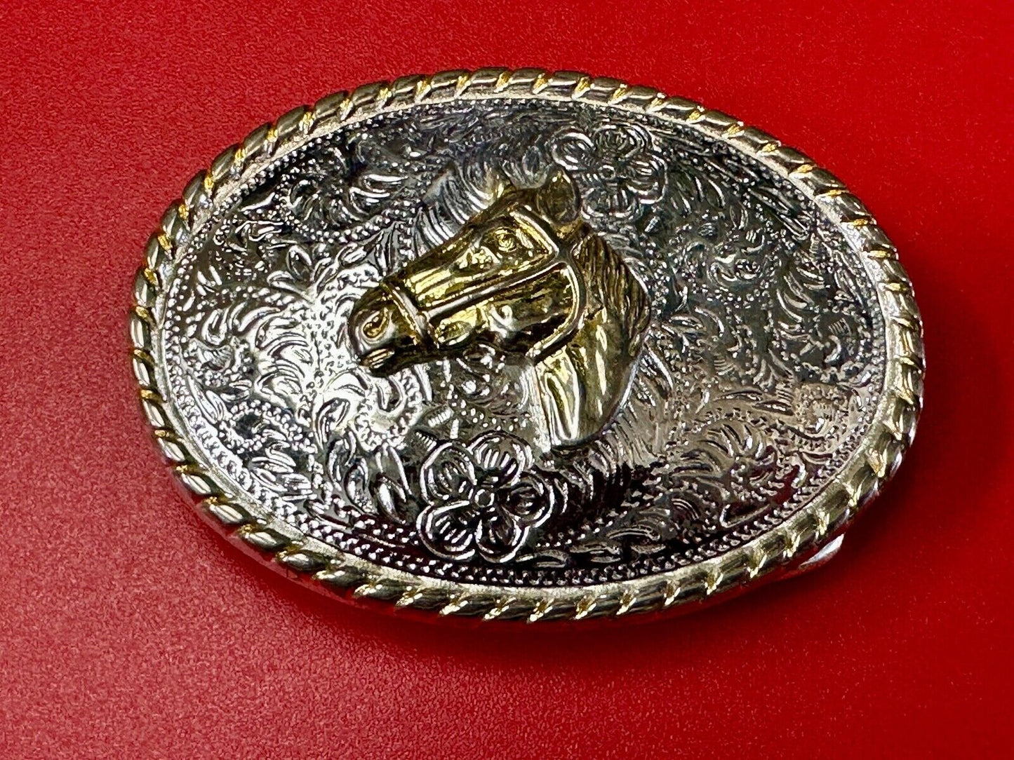 Vintage Horse Head Two tone oval western 2.75" wide belt buckle by Ivan