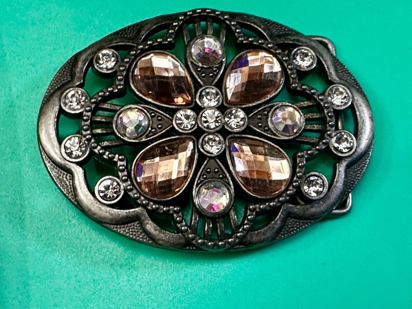 Beautiful Floral Design Silver Tone Metal W/ Rhinestones See Through Belt Buckle